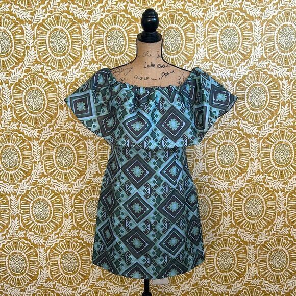 NWOT Baum Und Pferdgarten Alice Geo Print Off Shoulder Mini Dress Green/Blue M - Picture 7 of 15
